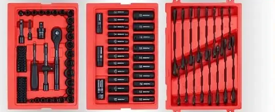 The three trays of the case with a molded slot for every piece