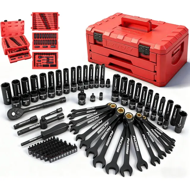 The complete 132-piece set laid out in front of its red 2-drawer case: sockets, ratcheting wrenches, ratchet, extensions and bits