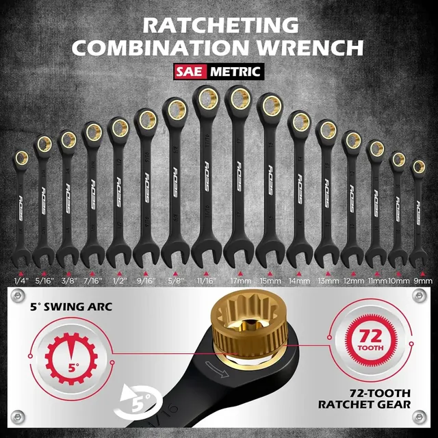 16 ratcheting combination wrenches, 1/4 to 11/16 inch and 9 to 17 mm, with a 72-tooth gear and 5 degree swing arc