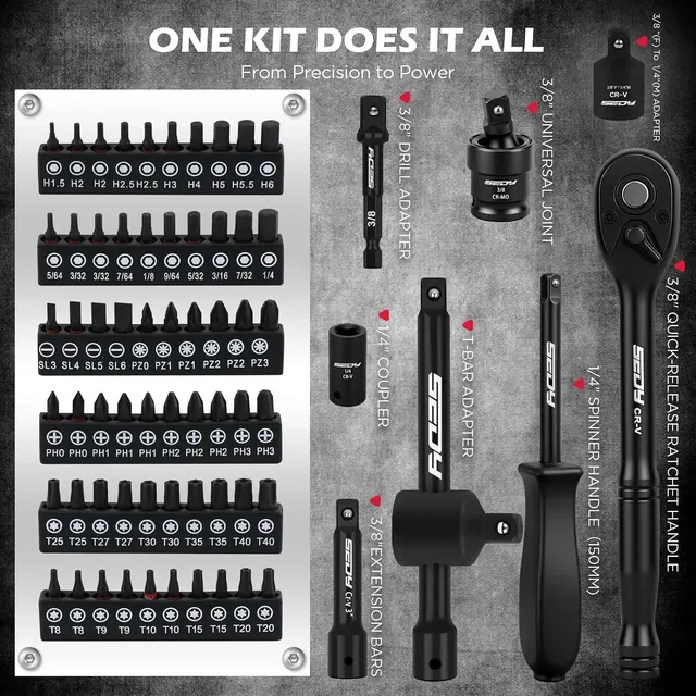 60 bits plus the quick-release ratchet, spinner handle, T-bar, extension, universal joint and adapters