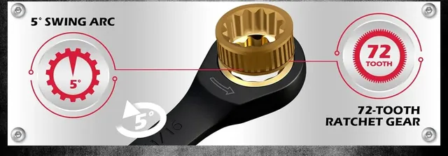 Close-up of the wrench's 72-tooth ratchet gear, which needs only a 5 degree swing